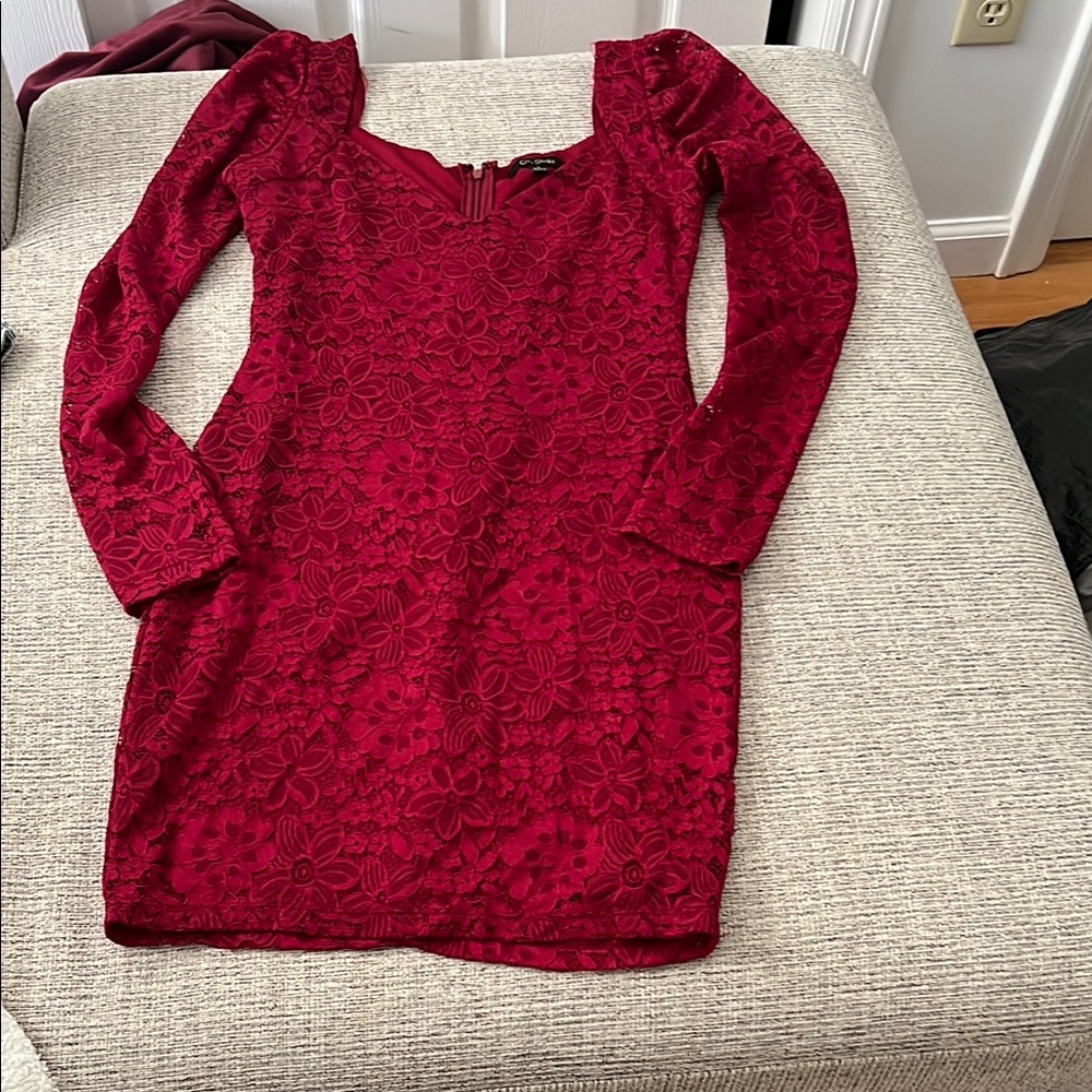 City Studio Red Bodycon Dress Long Puff Sleeves Scoop Neck